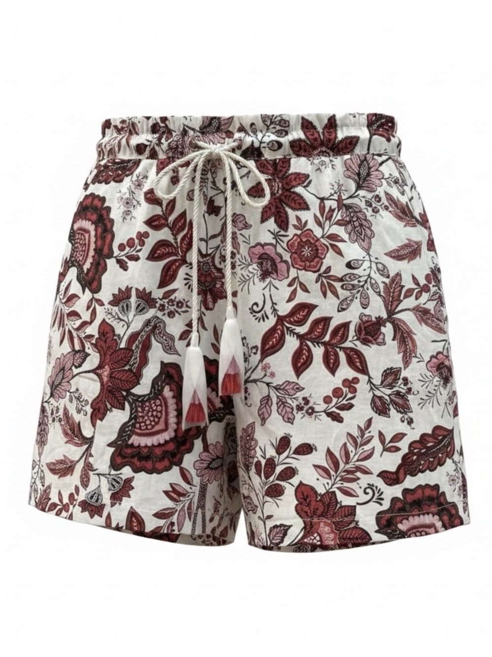 JOIE cream & red floral linen high waist flowy shorts with tassel drawstring